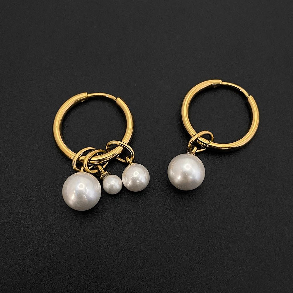 14K Gold-Plated Stainless-Steel Hoop Earrings with Faux Pearls