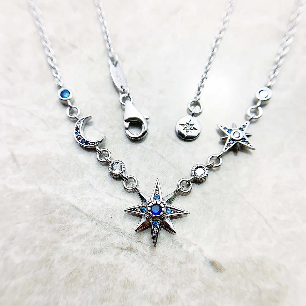 Royalty Star & Moon Necklace in 925 Stering Silver with Zircons
