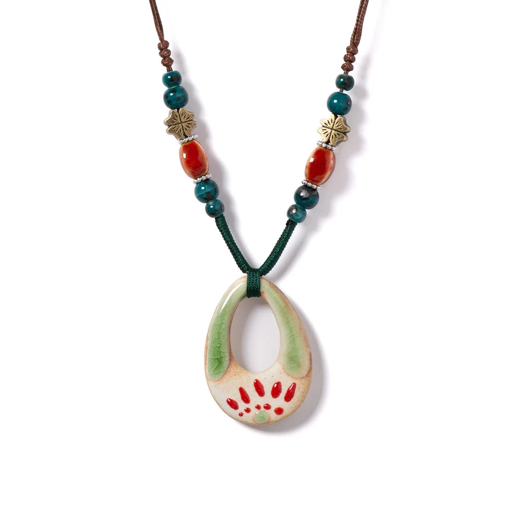 Handmade Ceramic Pendant Beads Necklace Retro
