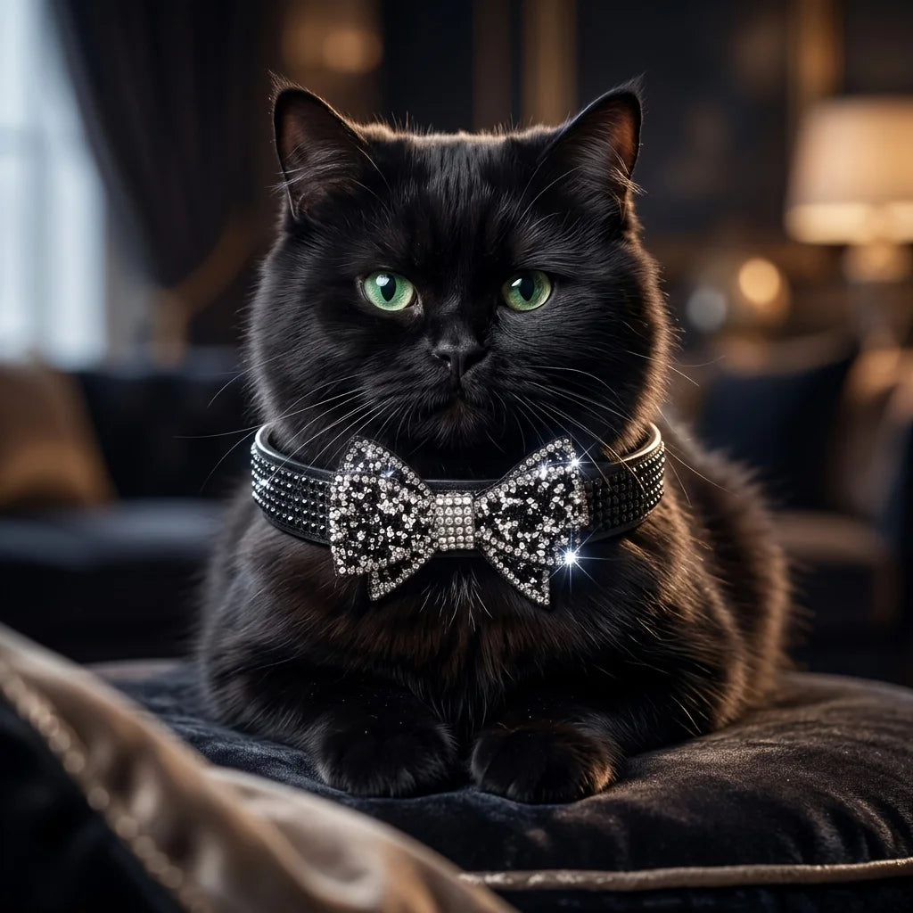 Beautiful PU Leather Pet Collar with Rhinestone Bow - Princess Style, No Choke, Secure Stones