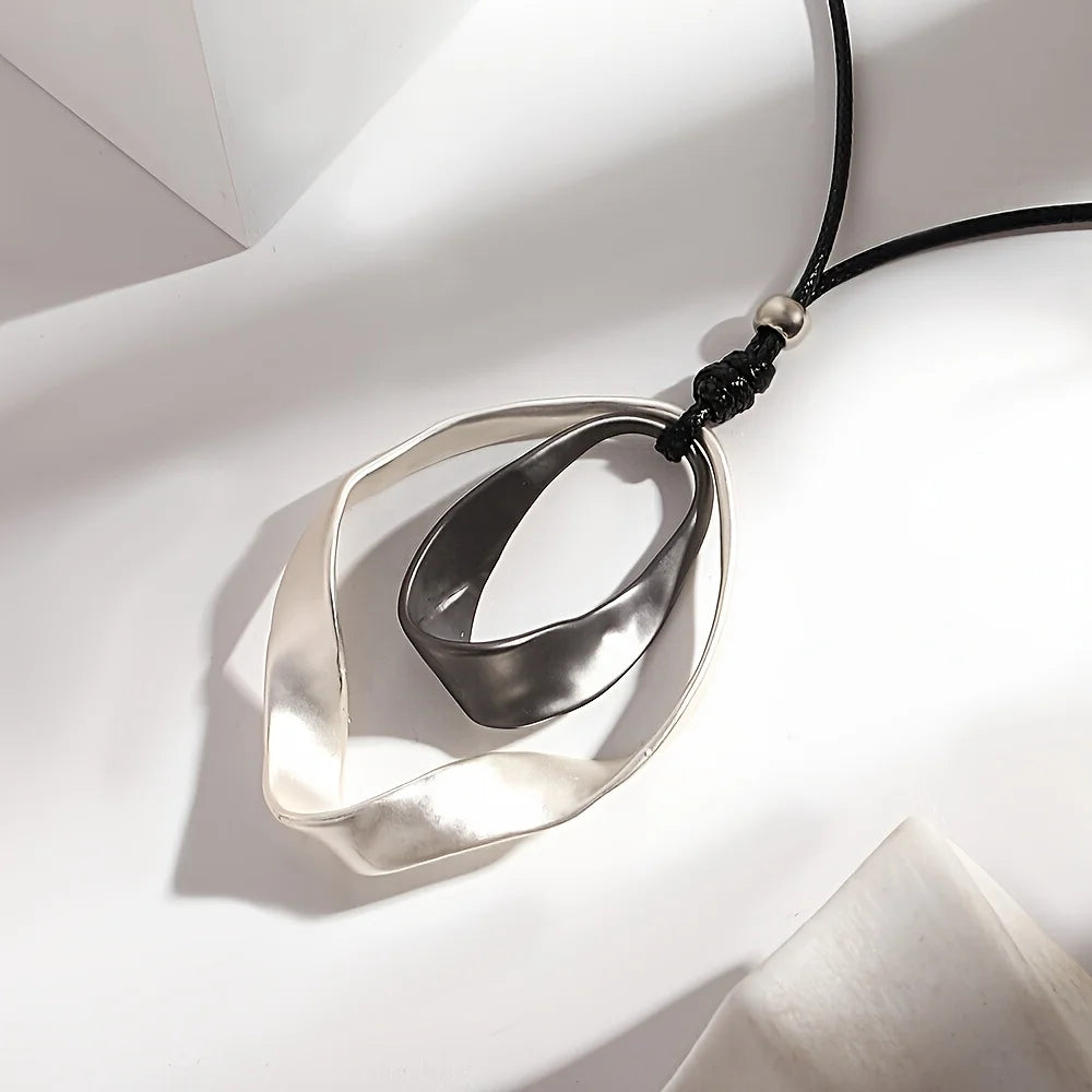 Bold Two-Tone Geometric Circle Zinc Alloy Pendant Long Faux Leather Rope Necklace