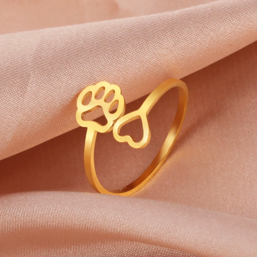 Gold/Silver Tone Stainless Steel Dog Paw Footprint Heart Ring Adjustable