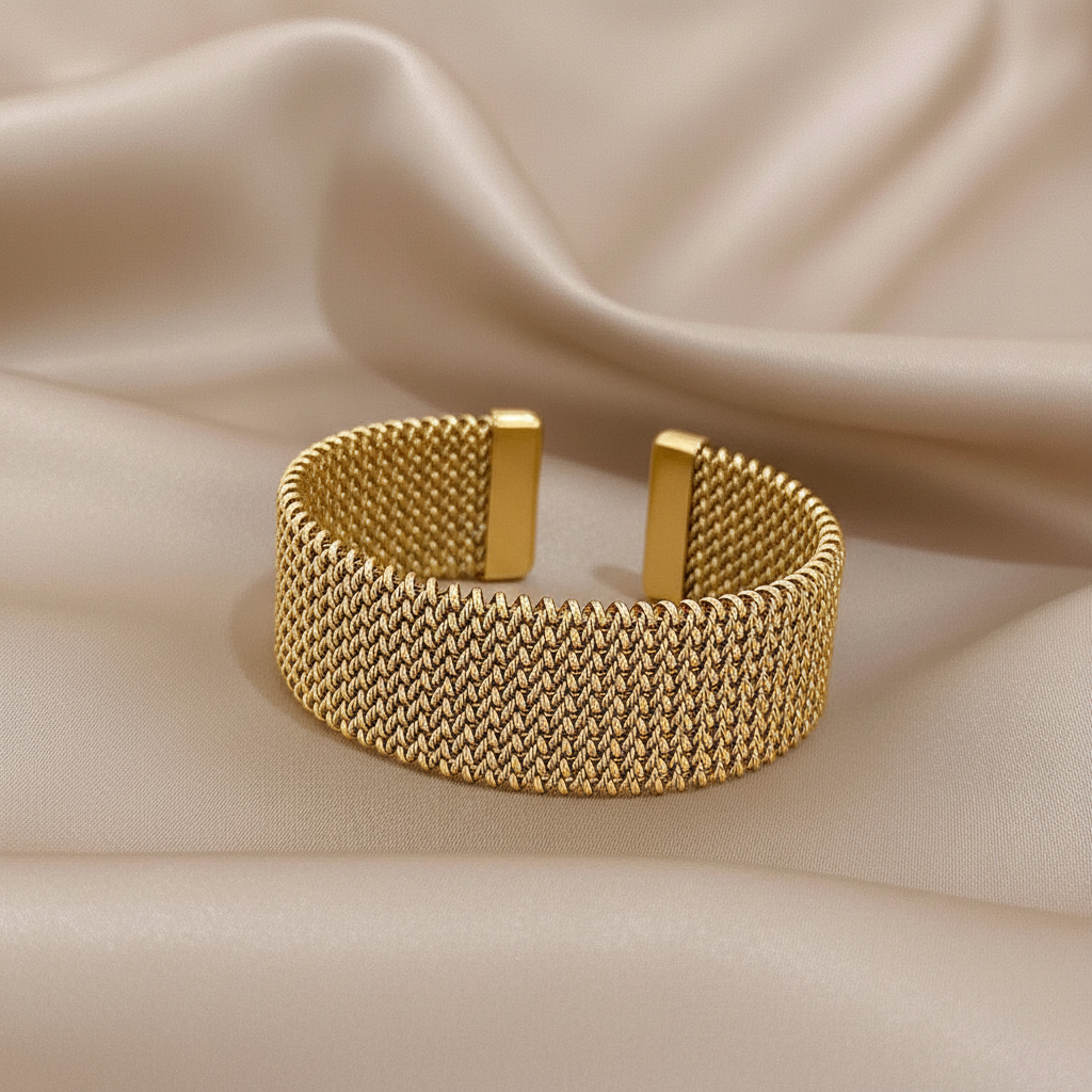 Golden Shade Stainless Steel Cuff Bracelet - Thick Weave Elegant