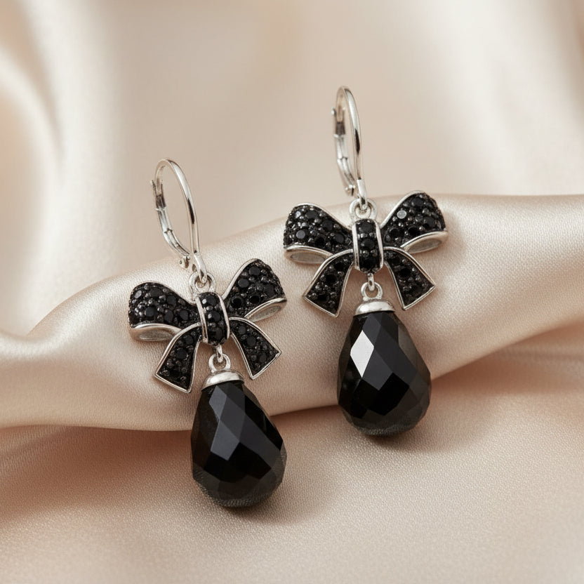 Bow Knot Black Drop Crystal Earrings in 925 Sterling Silver