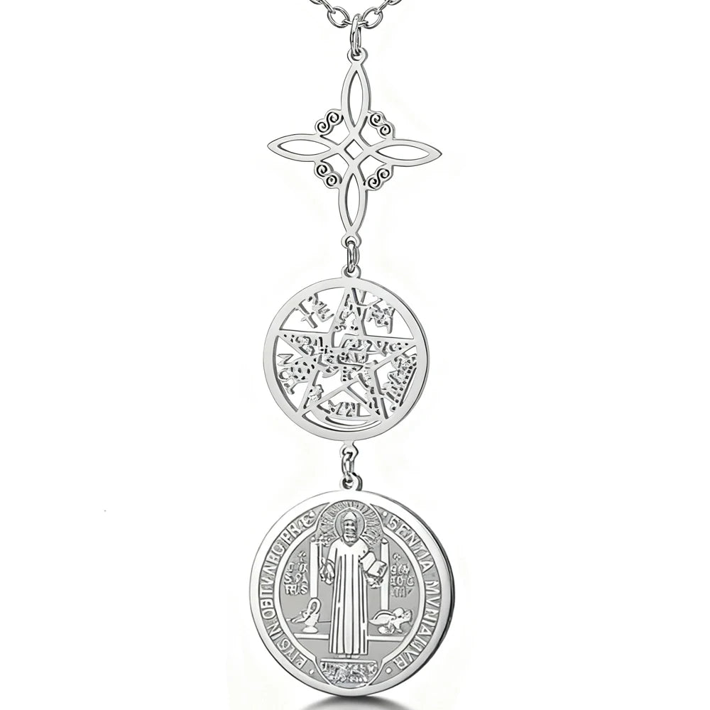 Triple Protection Stainless Steel Necklace: Witch knot, Pentagram Tetragrammaton, St. Benedict.