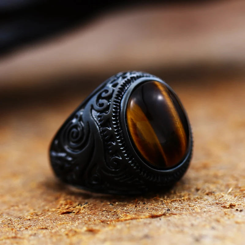 Ancient Oval Tiger Eye Large Stone Bold Ring in Stainless Steel
