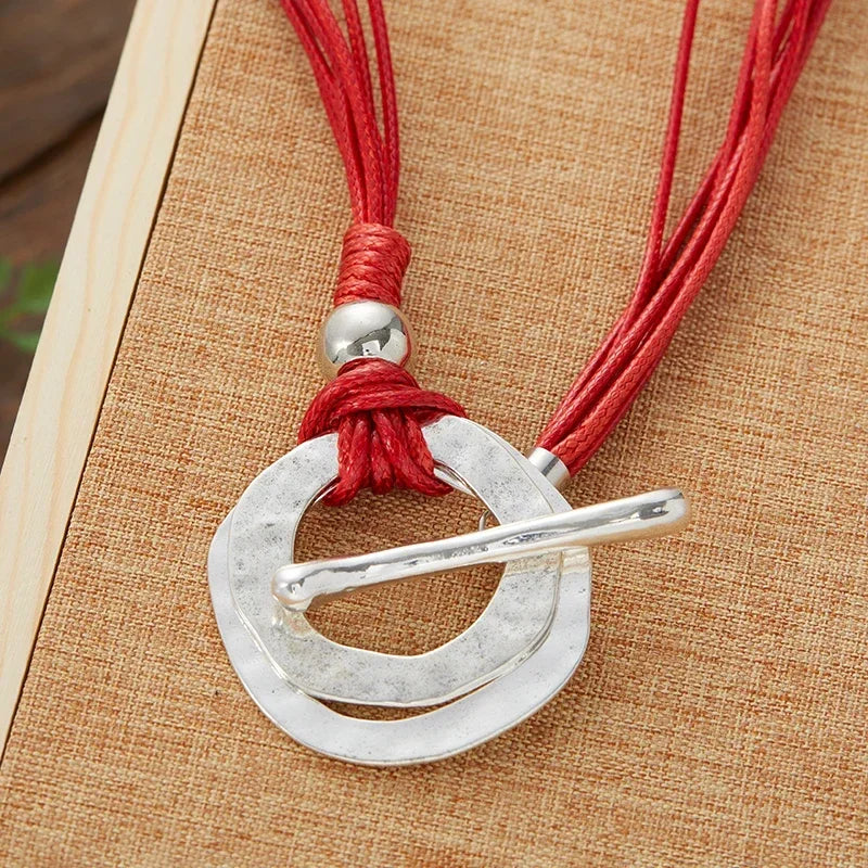 Bold Boho Style Round Alloy Pendant Red Multilayered Rope Necklace