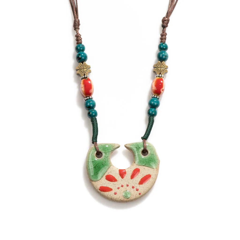 Handmade Ceramic Pendant Beads Necklace Retro