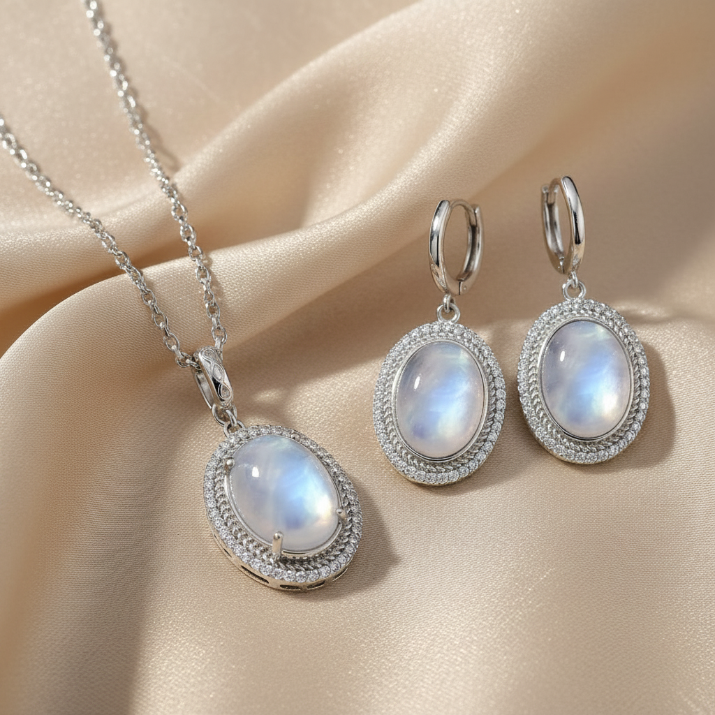 925 Sterling Silver Natural Moonstone Pendant & Earrings Set - Choose Your Stone