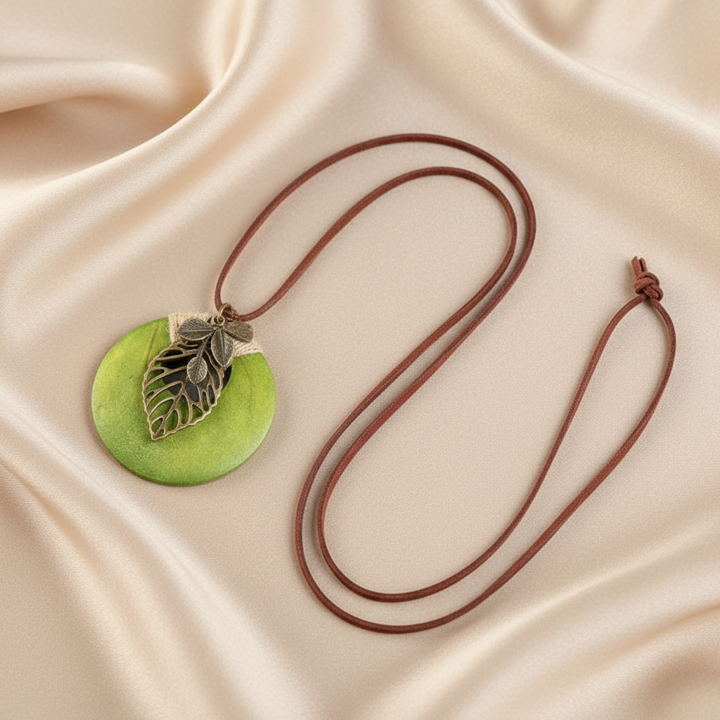 Leather Cord Necklace with Round Wood Leaf Pendant