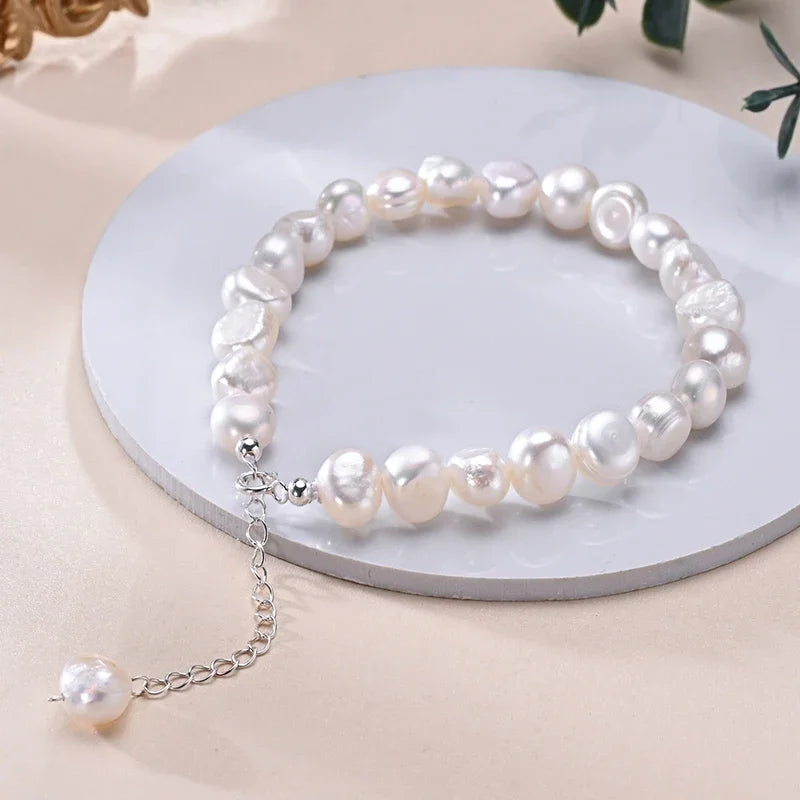 925 Sterling Silver Freshwater 8-9mm White Pearl Bracelet