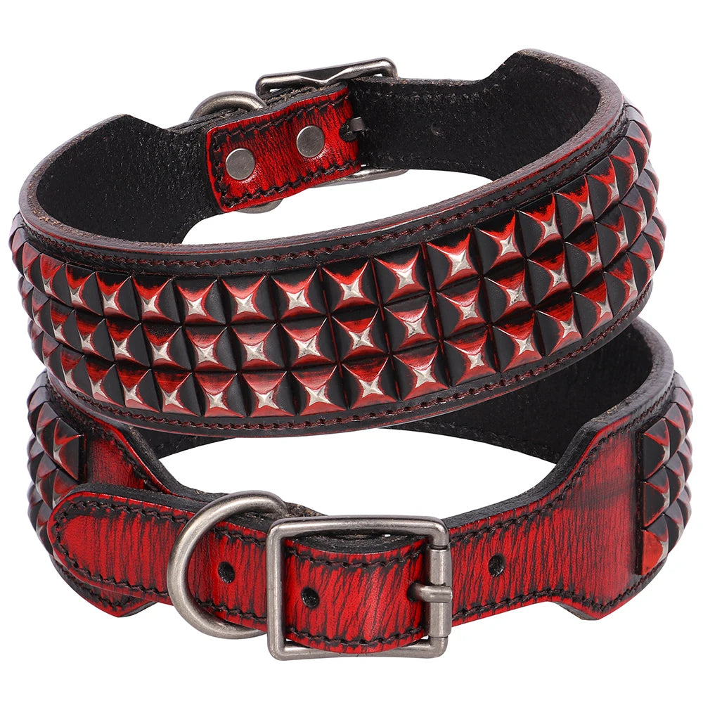 Wide Luxury Genuine Leather Dog Collar for Large Dogs - Durable Metal Cool