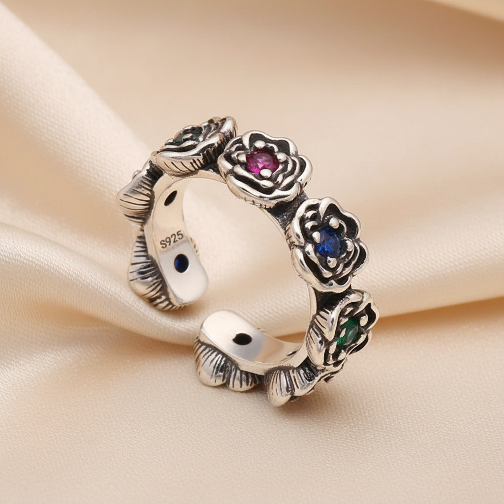 Vintage Inspired Sterling Silver Multicolor CZ Roses Adjustable Ring