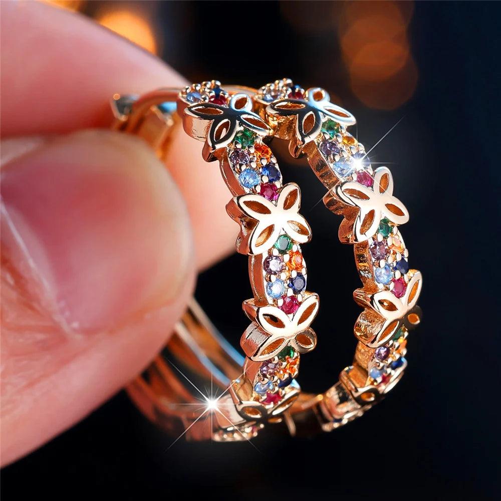 Flower Hoop Earrings in Copper Alloy with Cubic Zirconia Stones