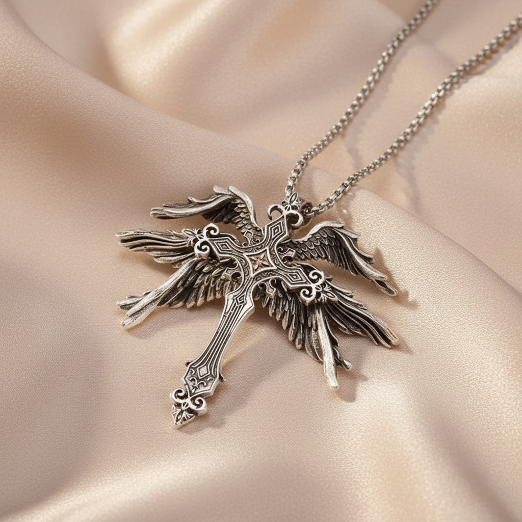 Gothic Wings Cross Pendant Vintage Inspired Zinc Alloy Necklace