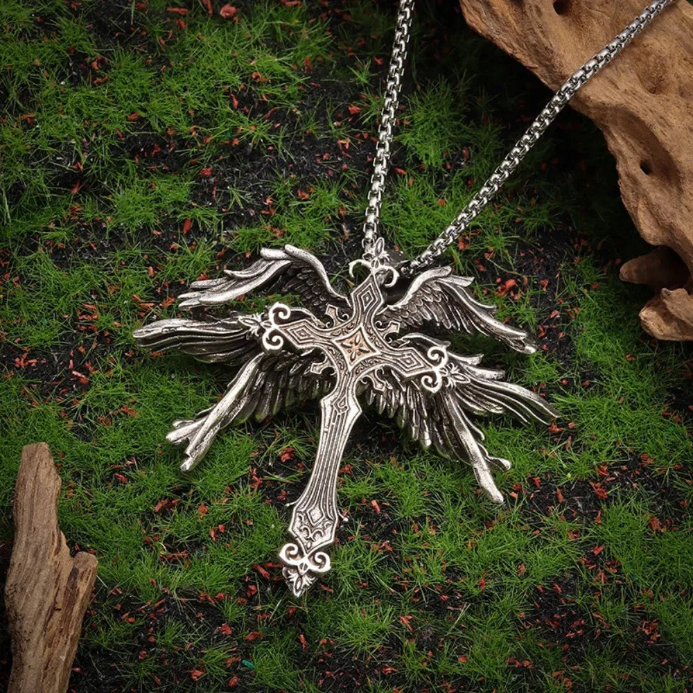 Gothic Wings Cross Pendant Vintage Inspired Zinc Alloy Necklace