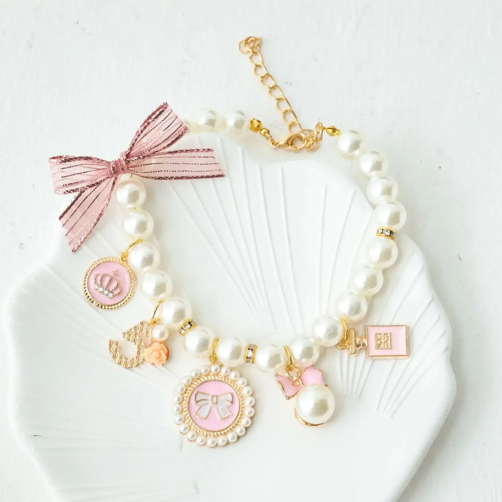 Pet Bow Pearl Necklace with Charms - Rhinestones, Faux Pearl, Princess
