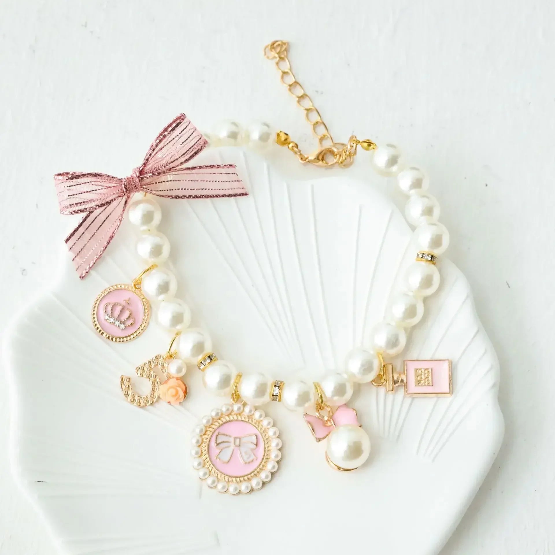 Pet Bow Pearl Necklace with Charms - Rhinestones, Faux Pearl, Princess
