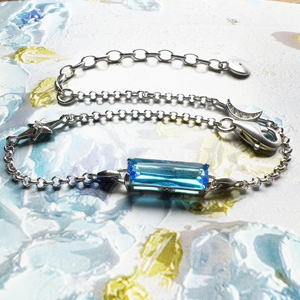 Moon and Star Link Chain Bracelet in 925 Sterling Silver with Zircon Stones
