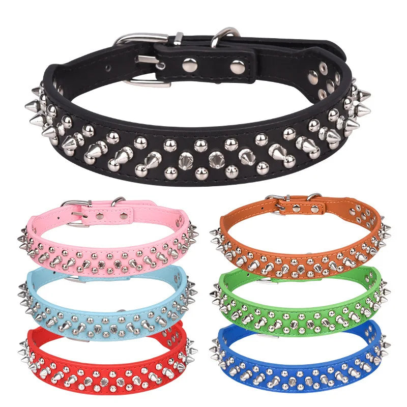 Faux Leather Dog Collar with Spikes - Anti-Bite Rivets, Cool, Attention
