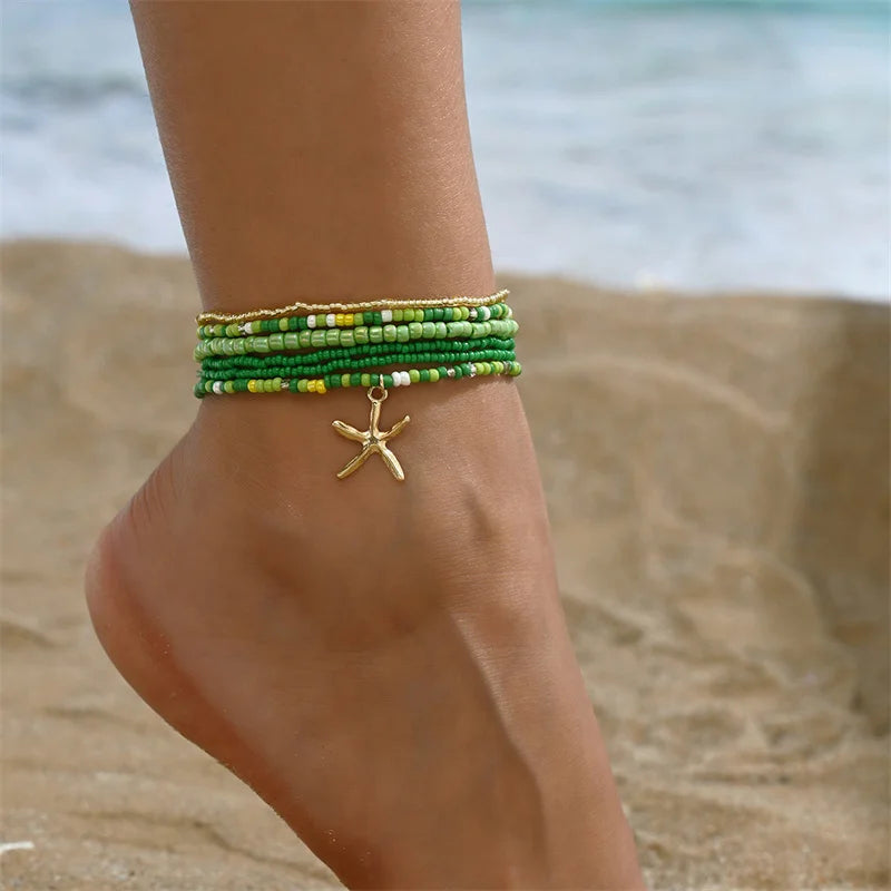 Bohemia Multilayer Rice Bead Starfish Summer Anklet Set - Choose Yours