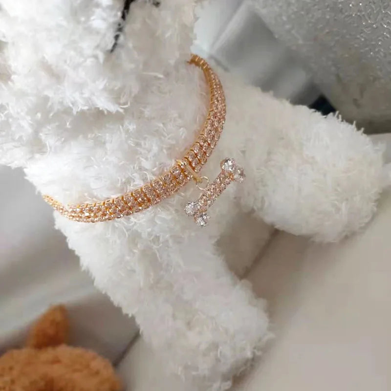 Adjustable Pet Necklace with Rhinestones & Bone Copper Pendant