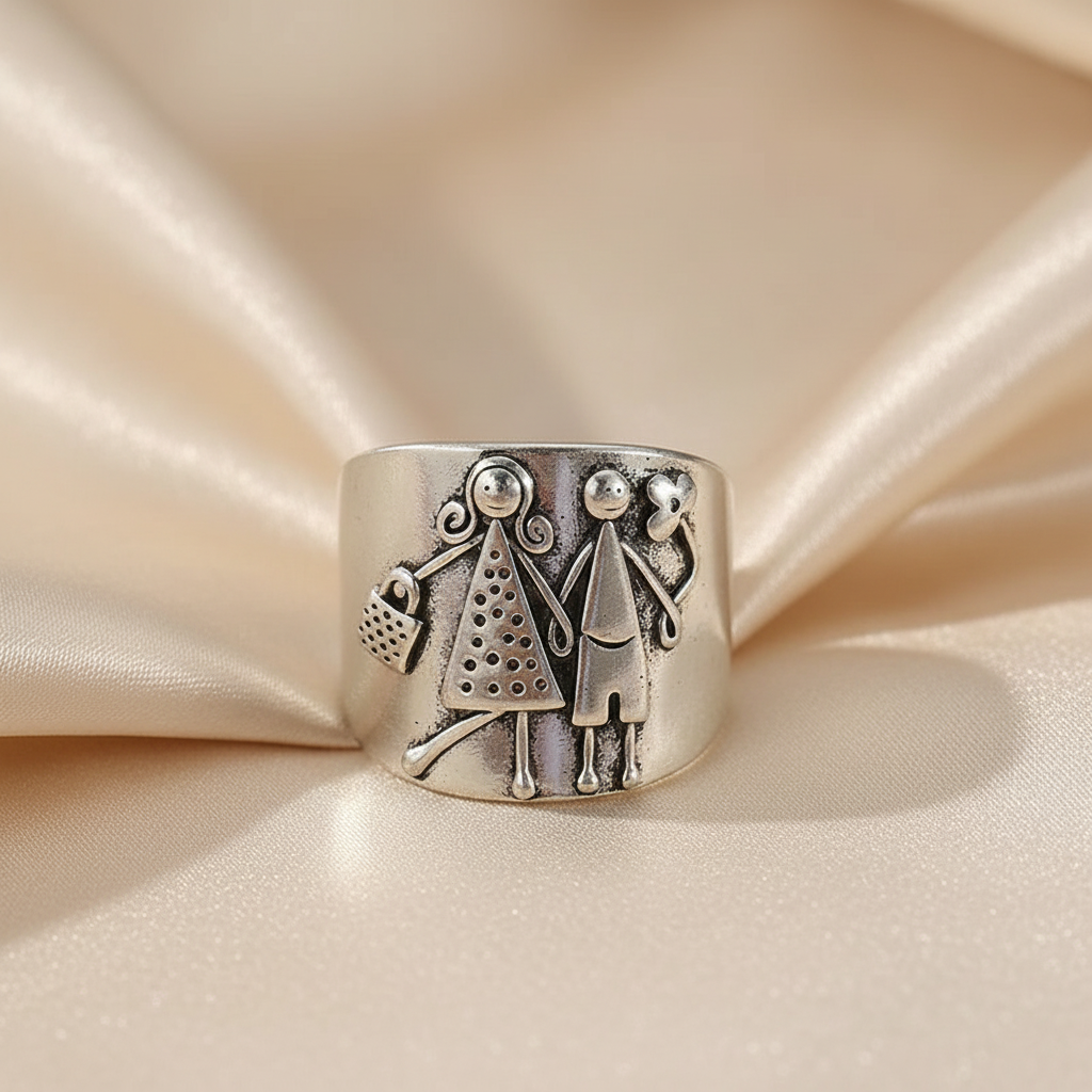 Vintage Inspired Silver-Plated Copper Ring - Hand Carved Couples Woman Man Holding Hands