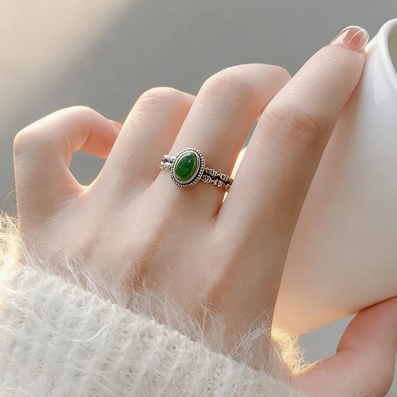 925 Sterling Silver Green Stone Adjustable Ring