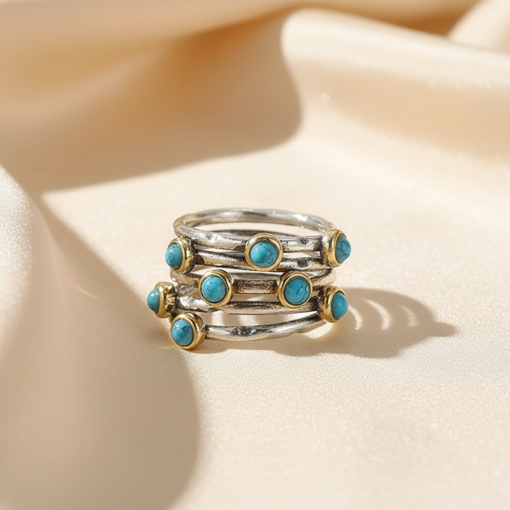 Two-Tone Boho Style Synthetic Turquoise Silver & Gold-Plated Copper Multilayer Ring