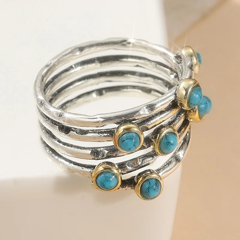 Two-Tone Boho Style Synthetic Turquoise Silver & Gold-Plated Copper Multilayer Ring