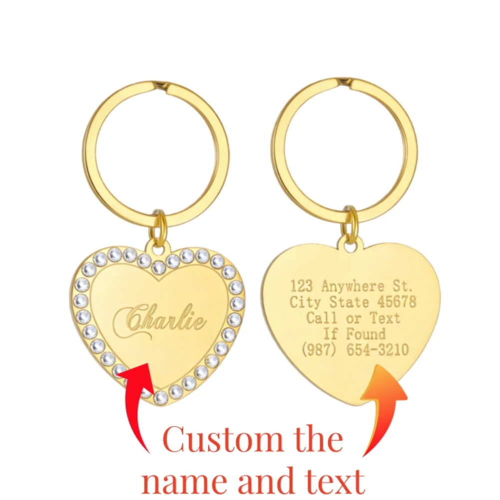 Gold-Plated Heart Rhinestones Pet ID Tag & Key Chain Charm