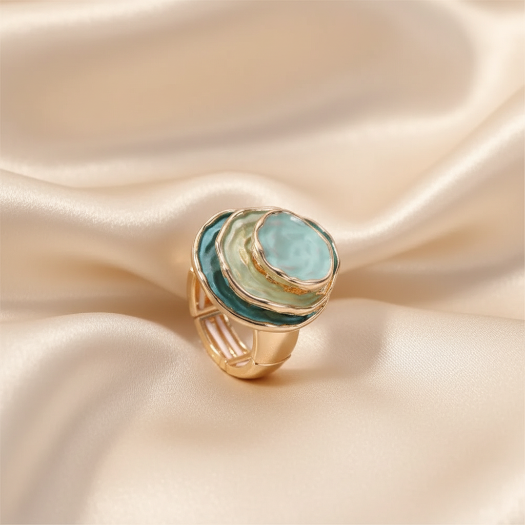 14K Gold Plated Cocktail Ring - Bohemian Three-Layer Circular Blue Bold