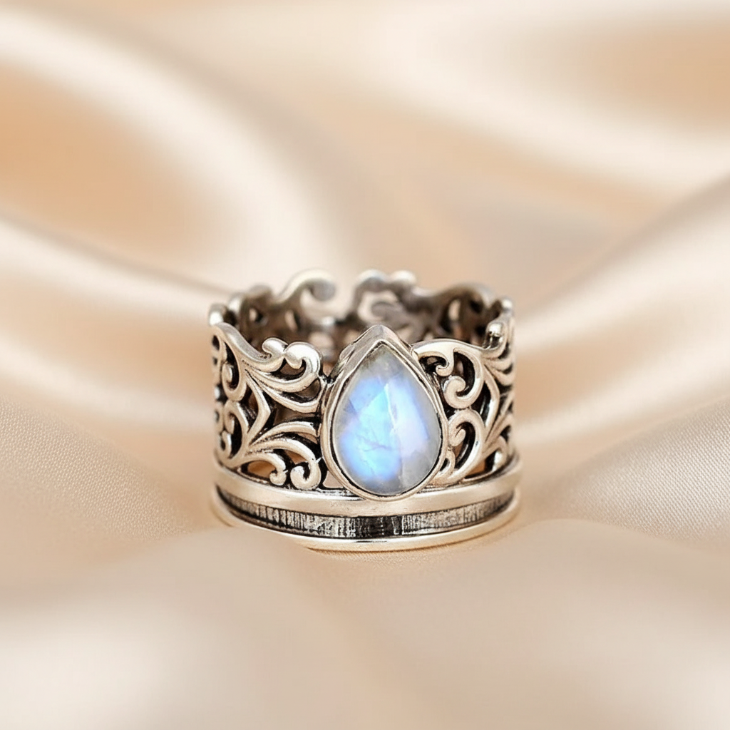 Moonstone Zircon Ring in Thick Copper Bezel Setting - Antique Inspired, Dreamy, Goth, Fantasy
