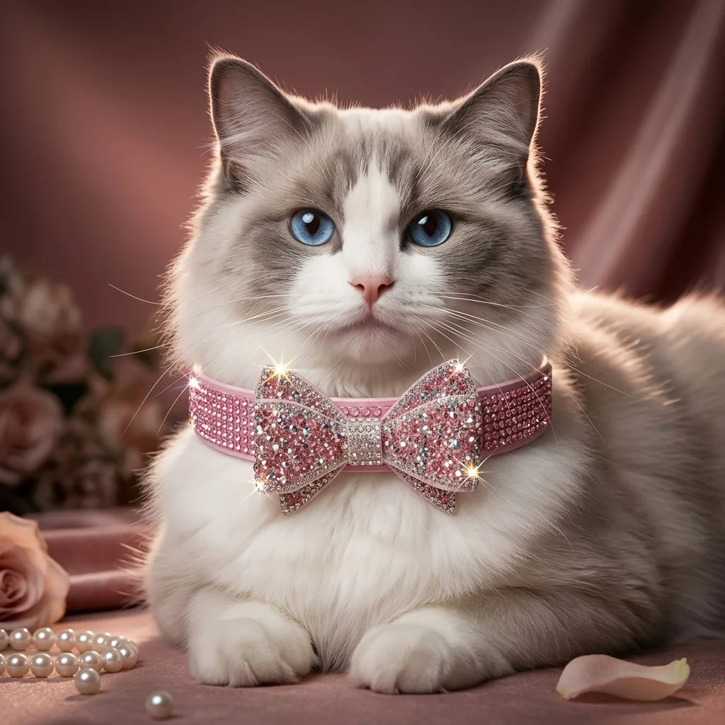 Beautiful PU Leather Pet Collar with Rhinestone Bow - Princess Style, No Choke, Secure Stones