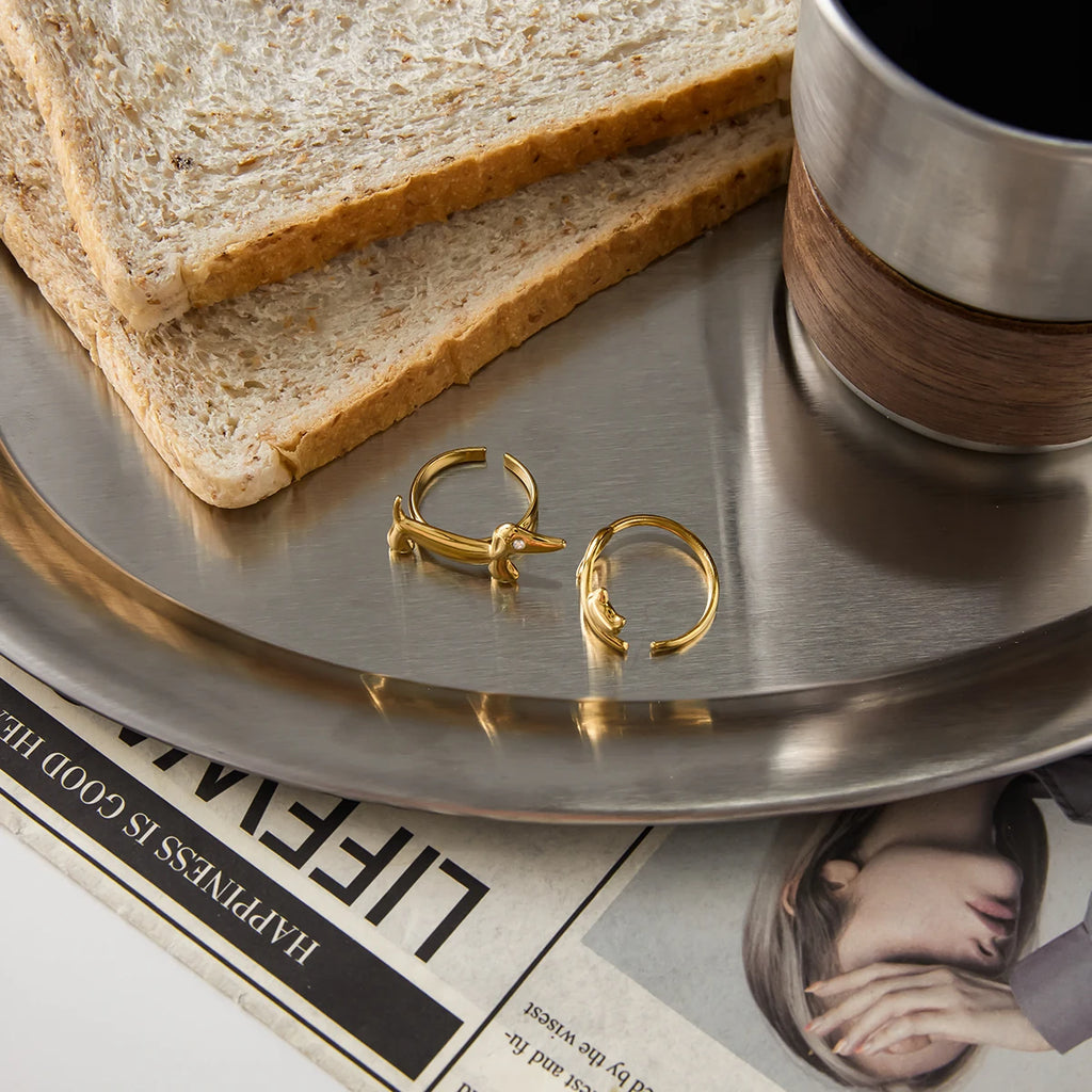 18K Gold-Plated or Platinum Plated Stainless-Steel Rhinestone Sausage Dog or Cat Ring, Adjustable