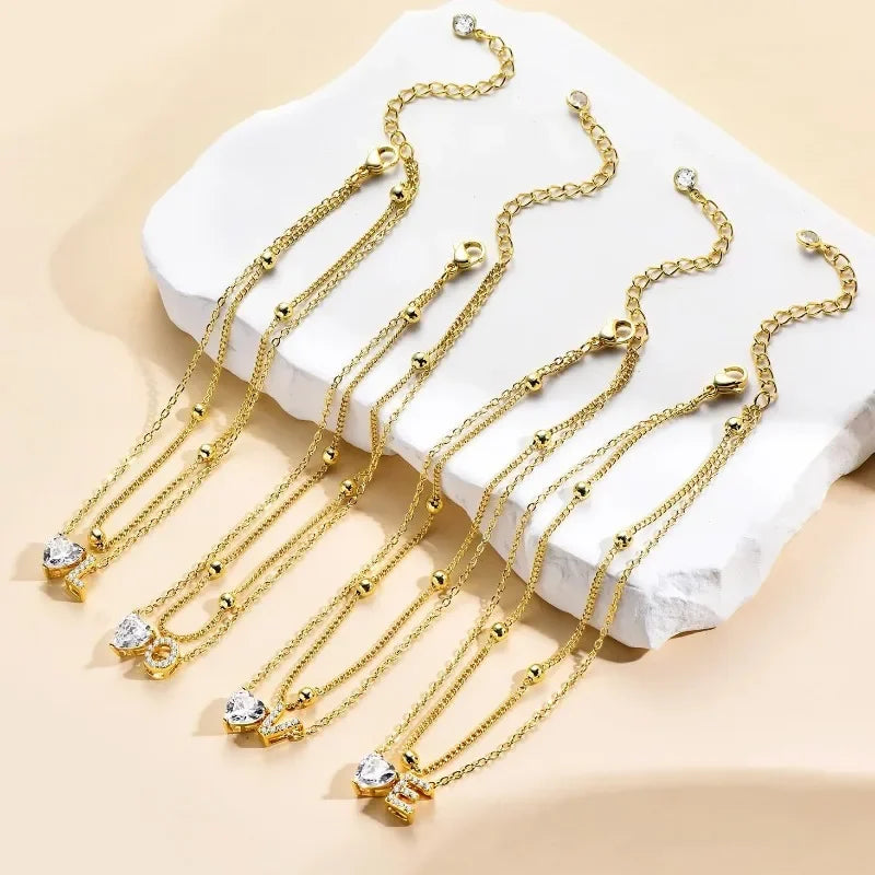14K Gold-Plated Stainless-Steel Cubic Zirconia Heart Initial Anklet - Choose Yours