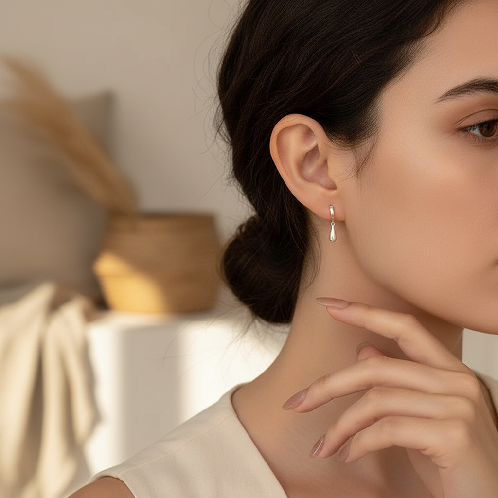 925 Polished Sterling Silver Hoop Teardrop Earrings