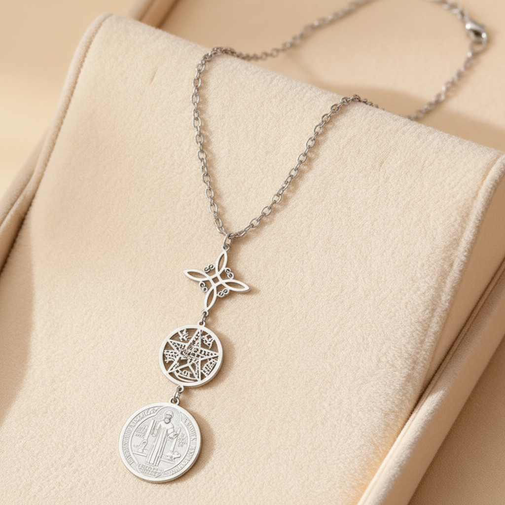 Triple Protection Stainless Steel Necklace: Witch knot, Pentagram Tetragrammaton, St. Benedict.