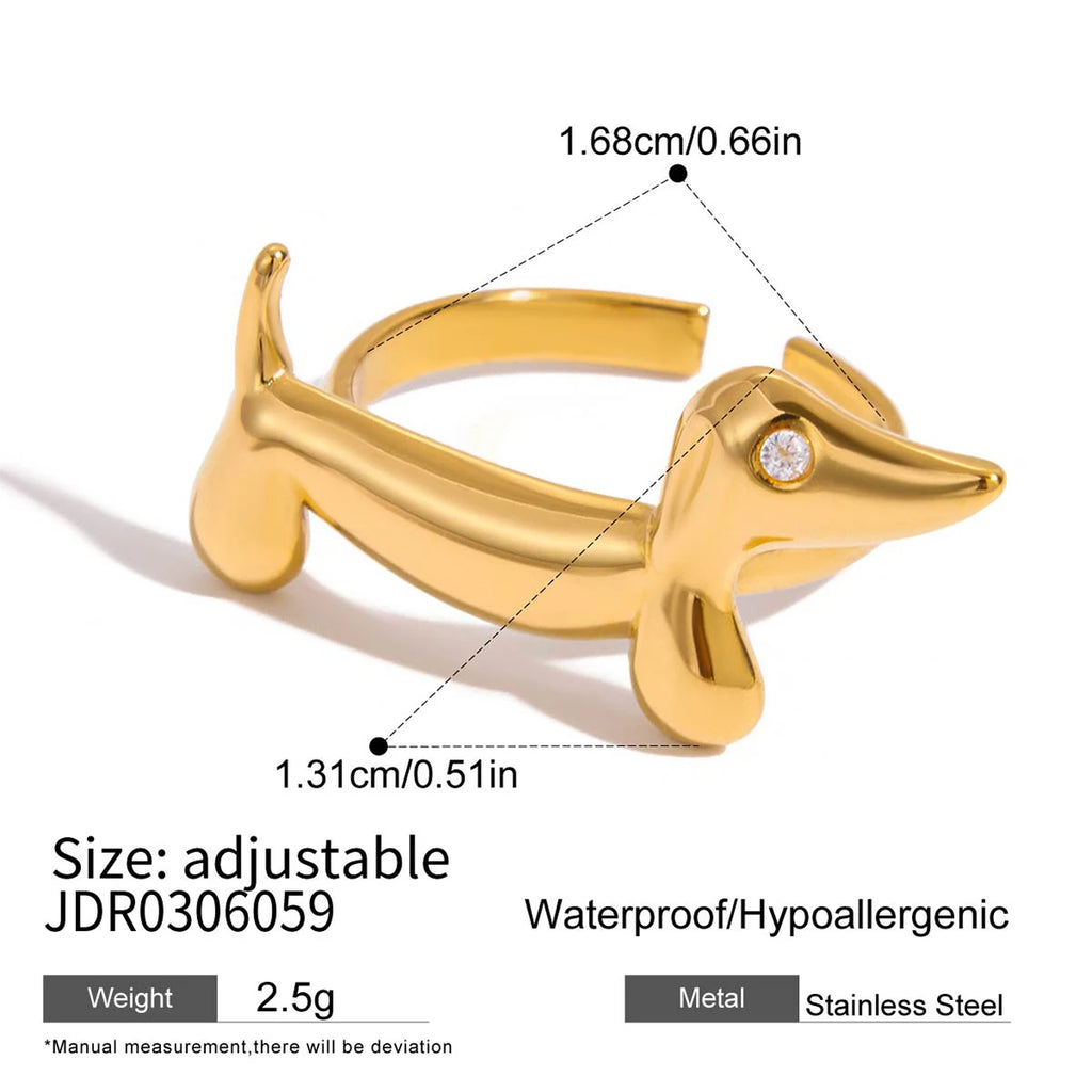 18K Gold-Plated or Platinum Plated Stainless-Steel Rhinestone Sausage Dog or Cat Ring, Adjustable