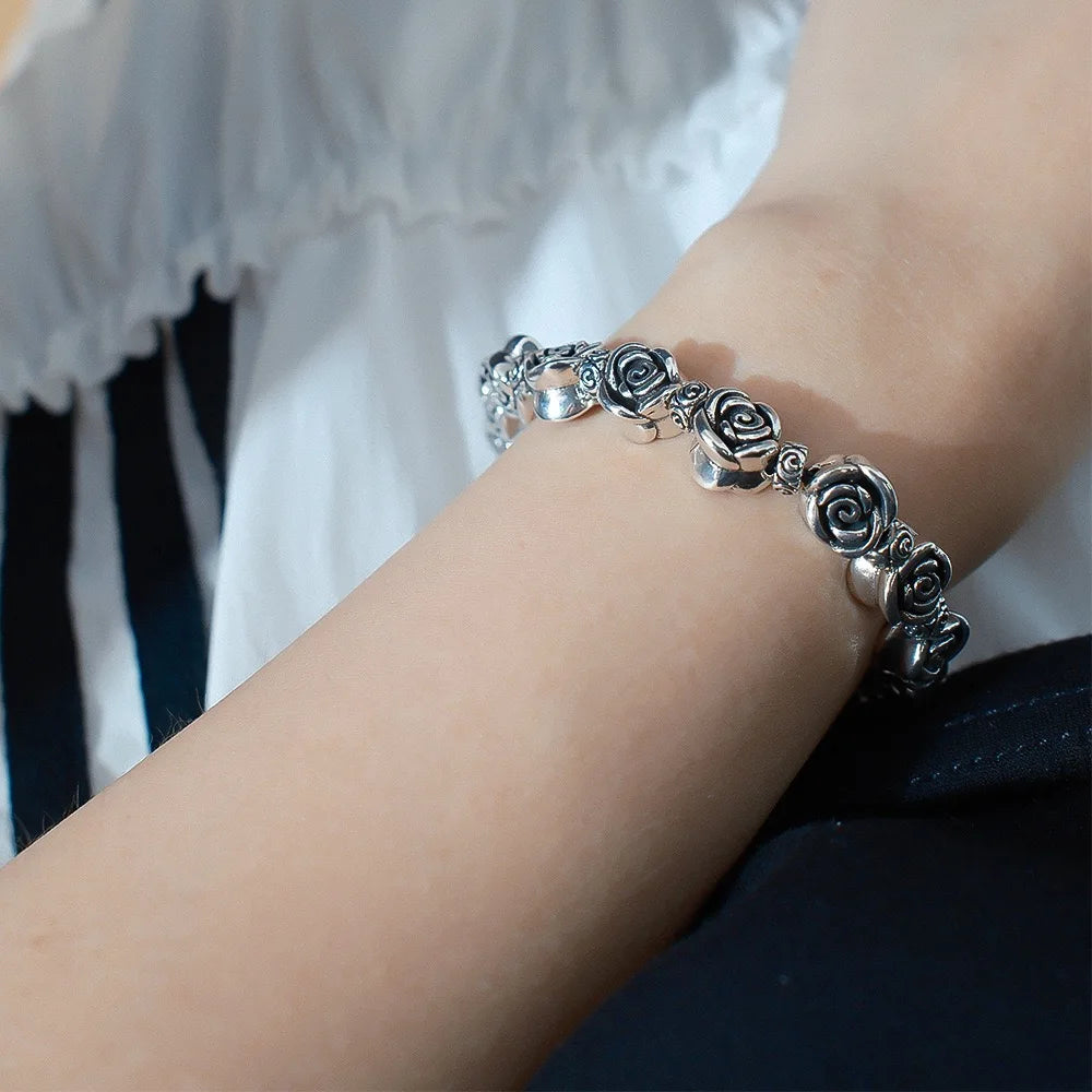 Vintage Inspired 925 Sterling Silver Rose Bracelet