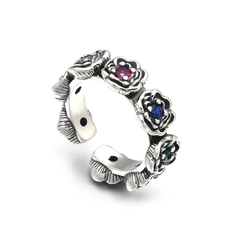 Sterling Silver Multicolor CZ Adjustable Rose Ring