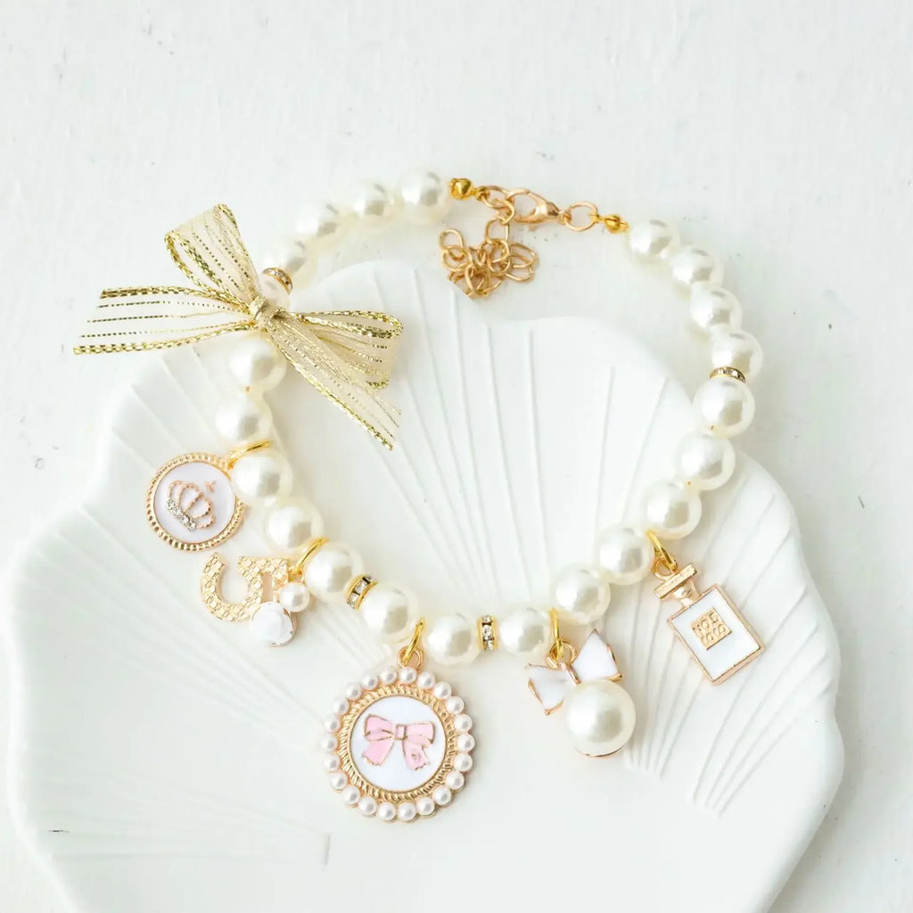 Pet Bow Pearl Necklace with Charms - Rhinestones, Faux Pearl, Princess