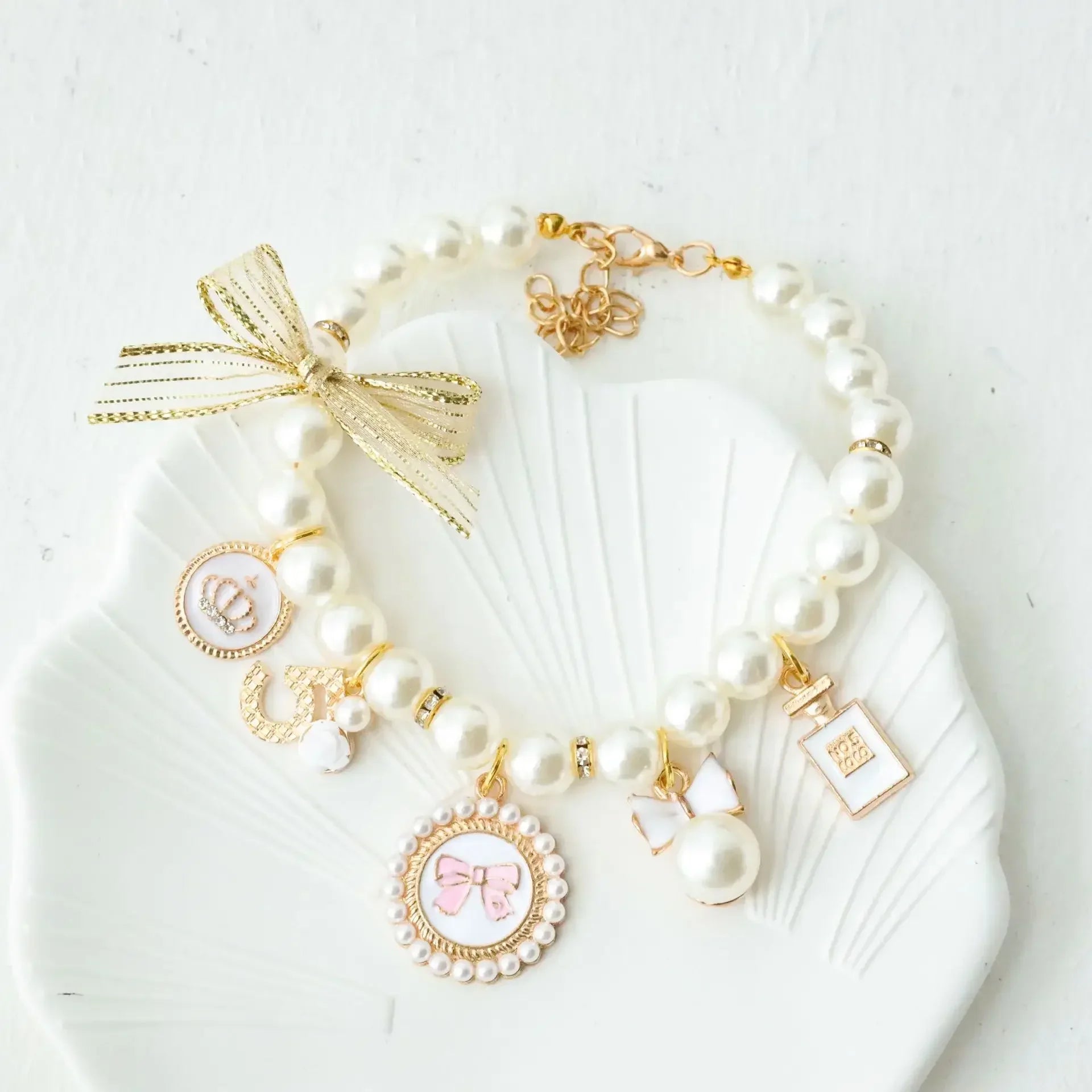 Pet Bow Pearl Necklace with Charms - Rhinestones, Faux Pearl, Princess