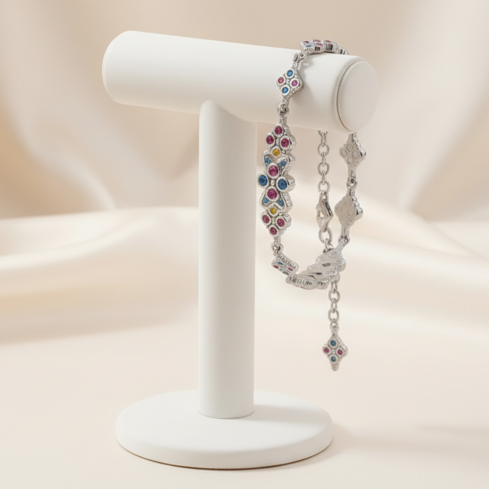 Ornament Link Chain Bracelet in 925 Sterling Silver with Colorful Zircons