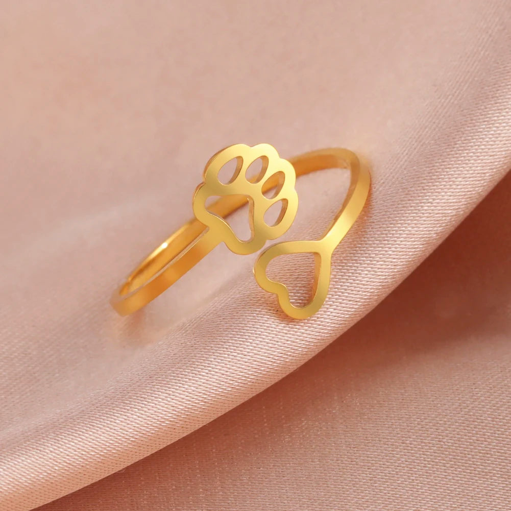 Gold/Silver Tone Stainless Steel Dog Paw Footprint Heart Ring Adjustable