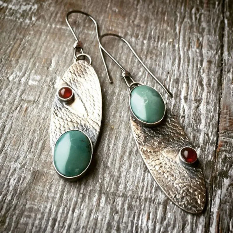 Collection of Bohemian Ethnic Oval Resin Stone Drop Zinc Alloy Earrings