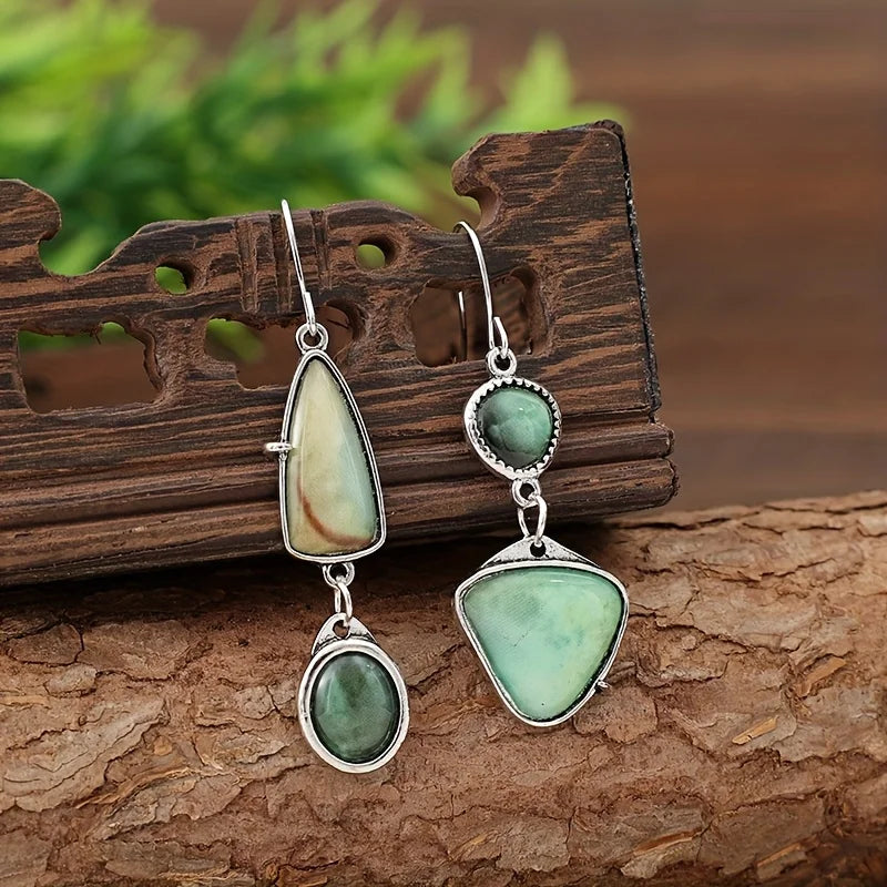White Gold Plated Copper Green Stone Earrings - Boho, Asymmetric, Vintage Inspired