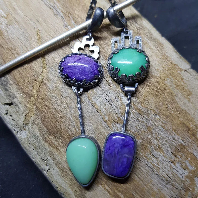 Collection of Bohemian Ethnic Oval Resin Stone Drop Zinc Alloy Earrings