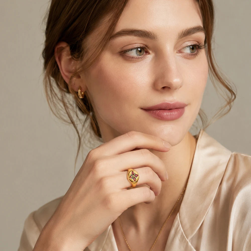 Gold Plated Colorful Stamp Ring in 925 Sterling Silver with Zircon Stones