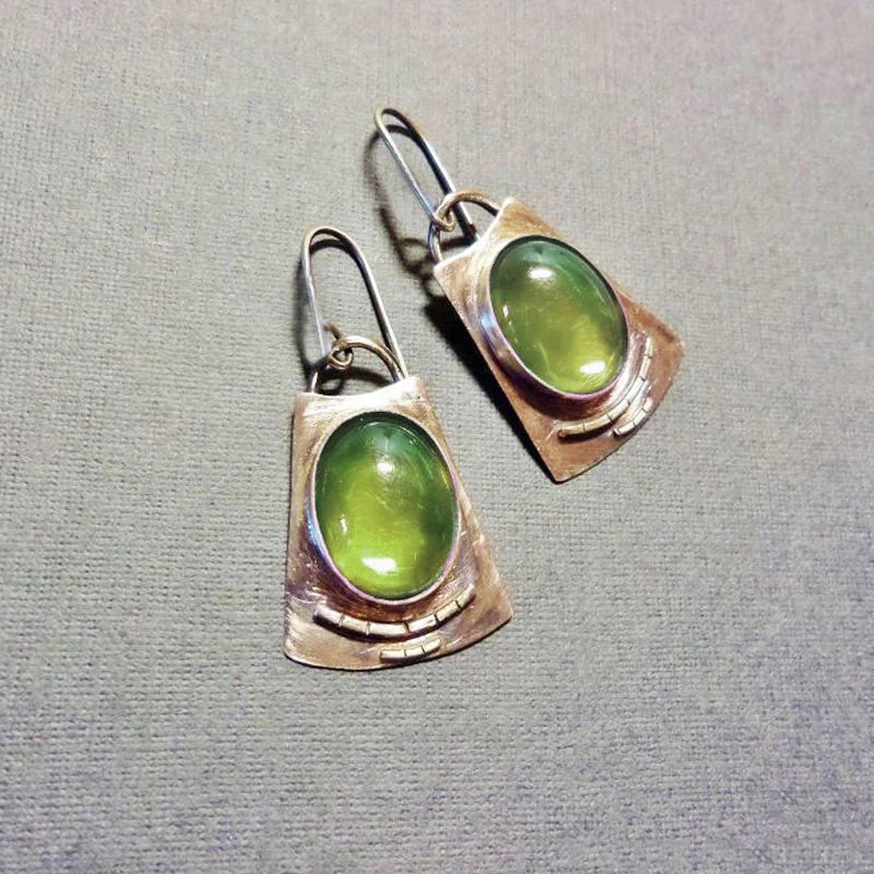 Bold Vintage Inspired Oval Moonstone Square Alloy Dangle Earrings